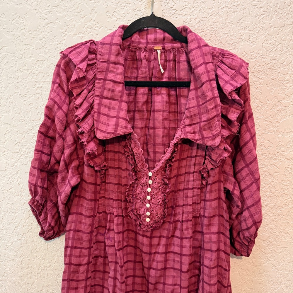 Free People Elora Rose Pink Spring Mini Dress JuneBerry Plaid Boho Cottagecore - Picture 3 of 7